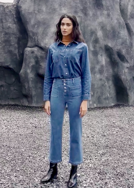 model showing button-front jeans style inspiration