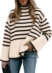 BTFBM Women Casual Turtleneck Striped Sweater 2024 Fall Winter Jumper Tops Long Sleeve Side Slit Oversized Knit Pullover