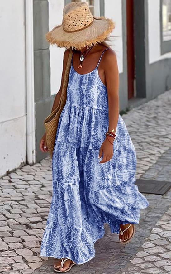 model wearing blue print maxi dress