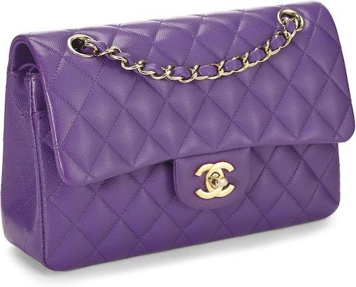 Chanel purple quilted caviar classic small bag with gold chain