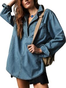 Fazortev Women's Denim Pullover Casual Button V Neck Blouse Loose Fit Long Sleeve Jean Jacket With Pocket