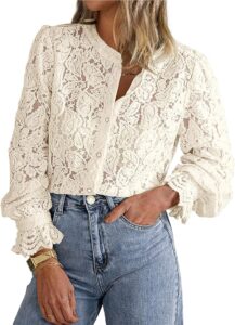 PRETTYGARDEN Women's Dressy Casual Lace Blouse Long Sleeve Button Up Shirts Tops Fall Fashion Clothes