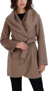 TAHARI Women's Double Face Wool Blend Wrap Coat with Oversized Collar