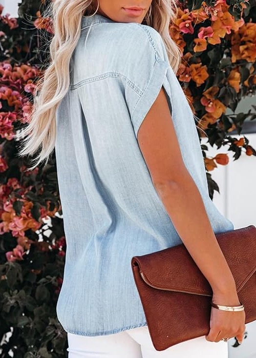 model wearing short sleeve chambray shirt