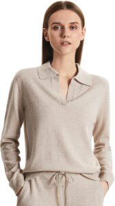 GreenMount Women's Deep V-Polo Casual Loose Cashmere Sweater Pullover Lapel Long Sleeve for Women